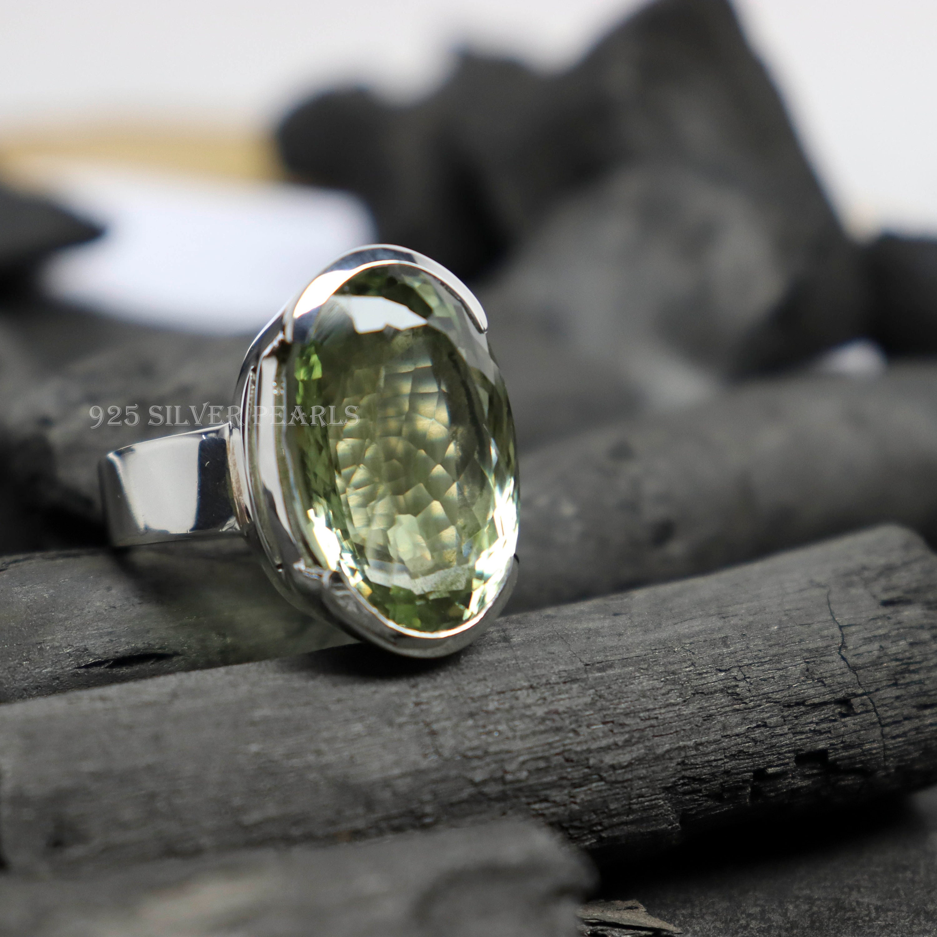 Large genuine Green Amethyst ring Sterling silver plated/with Etsy