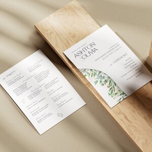 May include: Wedding ceremony program with a floral design and the names Ashton and Olma. The program includes the date, location, and the order of events for the ceremony.