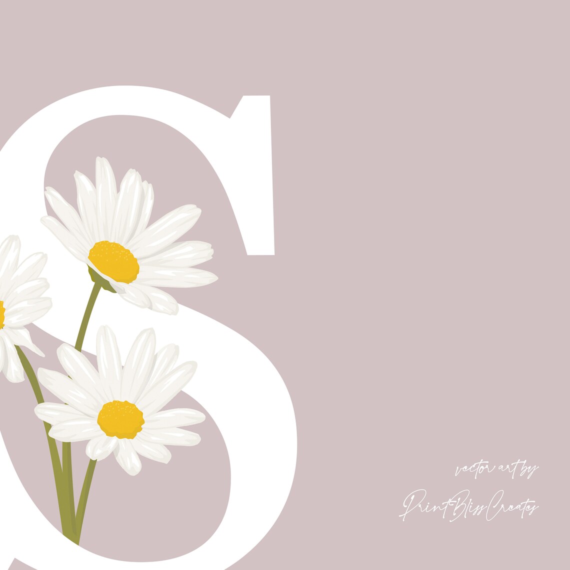 Initial Letter S Daisy Flower Wall Art Vector | Etsy