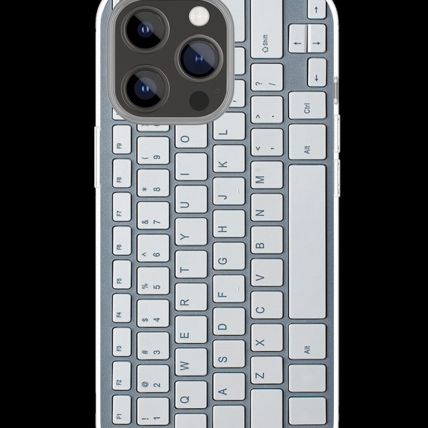 Unique case for iPhone 12 and above, realistic illusion of a white keyboard, techy, technology, eye-catching, trendy.
