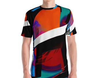 T-shirt, all-over print, unisex, geometric design, highly unusual, multicolor, vibrant colors, original, eye-catching, subtle, quality, gift