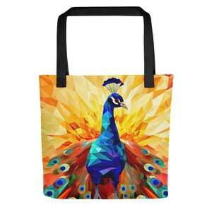 Tote bag with highly colorful pixilated image of peacock in full display, original, unique and high quality