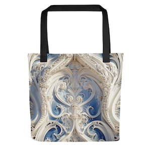 Tote bag, delicate paisley and art deco design, beautiful, white and blue, spacious, durable, high quality, practical and great gift