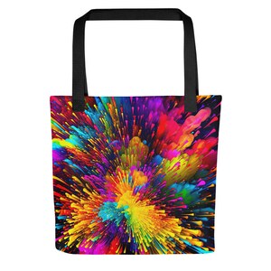 Tote bag, stylish, colorful, abstract, vibrant, exploding psychedelic, energetic, modern, original, eye-catching, trendy, quality