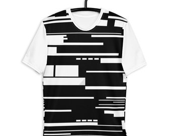 T-shirt, all-over print, unisex, highly abstract, black and white, geometric pattern, modern, original, cool, eye-catching, trendy, quality.