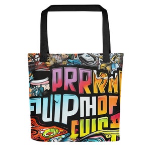 Tote bag, highly colorful, pop art and graffiti styled punk image, vibrant, modern, original, eye-catching, trendy, quality.