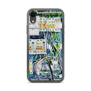 Unique case for iPhone, 13 and above, realistic image, electrical cables, circuitry, switches, illusion, unique, techy, eye-catching.