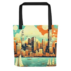 Einkaufstasche, lebendige Retro-Poster-Stil Bild von Hong Kong, Vintage-Farben, langlebig, praktisch, geräumig, tägliche Tasche ins Auge fallend, hohe Qualität.
