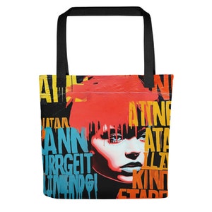 Tote bag, highly colorful, pop art and graffiti styled image vibrant, modern, original, eye-catching, trendy, quality.