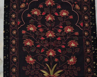 Vintage Handmade Embroidery Wallhanging, Mughal Tapestry, Hand Embroidered Wallhanging, Silk Wallhanging,Red Mughal flower Hand Embroidery