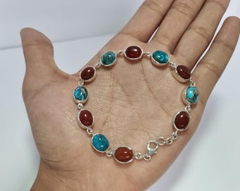 Natural Aqeeq and Turquoise Bracelet Silver , Silver Bracelet, Aqeeq Silver Bracelet, Turquoise Bracelet, Yemeni Aqeeq Silver Bracelet,gifts
