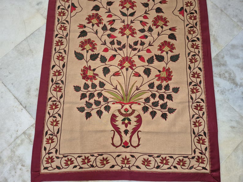 Handmade embroidery wall hanging, Floral embroidery tapestry, Mughal Floral Tapestry, silk thread embroidery, Silk thread Embroidery Wallhanging, Indian Traditional embroidery wall hanging, Hand-embroidered botanical tapestry, Needlework floral embroidery, home accent , vintage Handmade Embroidery Wallhanging, antique style wall hanging, Mughal Tapestry, tree of life embroidery, tree of life tapestry, luxury home decor gifts , gifts for anniversary, wall tapestry hanging woven ,tapisserie mughal