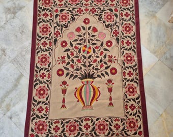 Vintage Mughal Tapestry Wallhanging, Handmade Embroidery Wallhanging, Floral Wall Hanging Tapestry, Indian Tapestry, Mughal Silk Textile