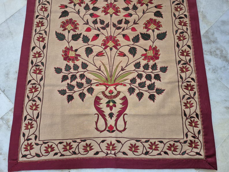 Handmade embroidery wall hanging, Floral embroidery tapestry, Mughal Floral Tapestry, silk thread embroidery, Silk thread Embroidery Wallhanging, Indian Traditional embroidery wall hanging, Hand-embroidered botanical tapestry, Needlework floral embroidery, home accent , vintage Handmade Embroidery Wallhanging, antique style wall hanging, Mughal Tapestry, tree of life embroidery, tree of life tapestry, luxury home decor gifts , gifts for anniversary, wall tapestry hanging woven ,tapisserie mughal
