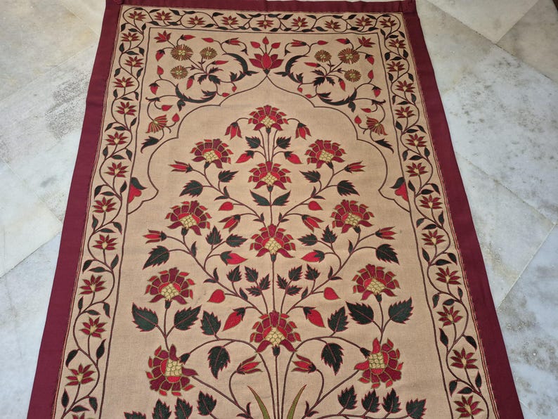Handmade embroidery wall hanging, Floral embroidery tapestry, Mughal Floral Tapestry, silk thread embroidery, Silk thread Embroidery Wallhanging, Indian Traditional embroidery wall hanging, Hand-embroidered botanical tapestry, Needlework floral embroidery, home accent , vintage Handmade Embroidery Wallhanging, antique style wall hanging, Mughal Tapestry, tree of life embroidery, tree of life tapestry, luxury home decor gifts , gifts for anniversary, wall tapestry hanging woven ,tapisserie mughal