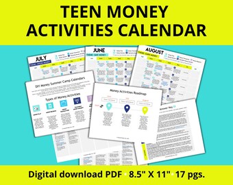 DIY Summer Money Camp Activities Calendar (TEENS) | 3 Calendars of Money Education Activities for Teens to Do at Home | Printable Activities