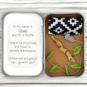 May include: A small metal tin containing a felt snake with red and yellow beads, a tiny grey felt mouse, and a black and white patterned fabric piece. The lid features text: Hi! My name is Oliver, and I'm a TinyPal. I love to be in pictures and travel in pockets & backpacks. Where are you going? Can I go with you?