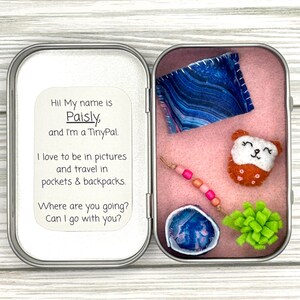 May include: A metal tin containing a small felt animal toy, a blue patterned fabric square, a beaded string, and a green felt plant. The lid interior features a white label with the text: Hi! My name is Paisly, and I'm a TinyPal. I love to be in pictures and travel in pockets & backpacks. Where are you going? Can I go with you?
