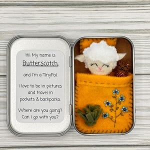 May include: A small, open metal tin containing a felt sheep toy with the name "Butterscotch" on a label. The sheep is nestled in a yellow felt bed with a small brown bear and embroidered flowers. The label reads, "I love to be in pictures and travel in pockets & backpacks."