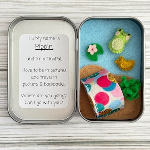 May include: An open silver tin containing a felt TinyPal scene. The scene includes a felt frog, duck, flower, and a bedroll with colorful polka dots. The tin also has a label that reads "Hi! My name is Pippin and I'm a TinyPal."