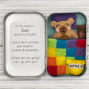 May include: A TinyPal named River in a small tin. The felt creation features a bear in bed with a rainbow quilt and a honey pot. The tin also has text that reads, "Hi! My name is River, and I'm a TinyPal."