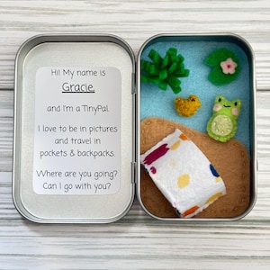 May include: An open, rectangular tin containing a felt scene with a frog, lily pad, and other felt objects. A small white card inside the tin reads "Hi! My name is Gracie, and I'm a TinyPal."