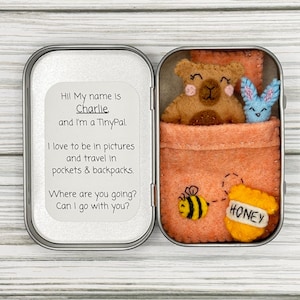 May include: A TinyPal set in a small, open tin. The set includes a felt bear and a blue bunny in a felt pocket, with a felt bee and a honey pot. The tin also has a sticker that says "Hi! My name is Charlie and I'm a TinyPal."