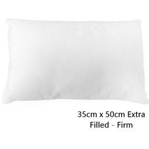 May include: A white pillow with a firm fill. The pillow is 35cm by 50cm.