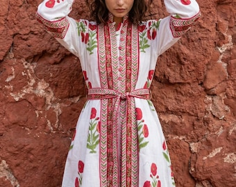 Summer Cottagecore Dress, White & Red Block Printed Floral Cotton Dress, Boho Folk Belted Dress For Relaxed Weekends, Mini dress