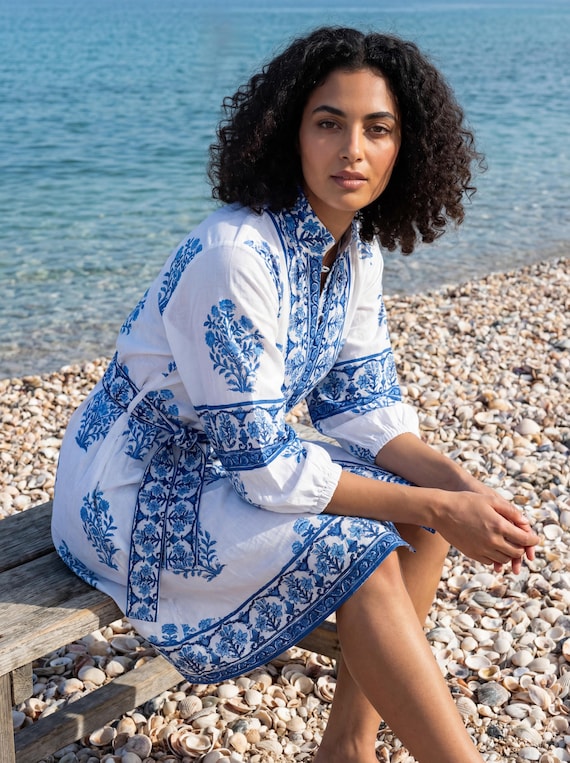 blue and white tunic dress & Block Printed Dress, Boho Style Summer Dress, Beach Cotton Dress, Coastal Vacation Outfit, Short Belted Brand New Elliatt Peggy 2022 long prom dress Designed with a relaxed Color:Dark Brown In Stock