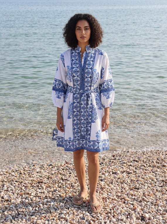 blue and white dress summer & Block Printed Tunic Dress, Boho Style Dress, Beach Cotton Dress, Coastal Vacation Outfit, Short Belted A.L.C. Elizabeth Dress | set COLOR:Midnight beach walks