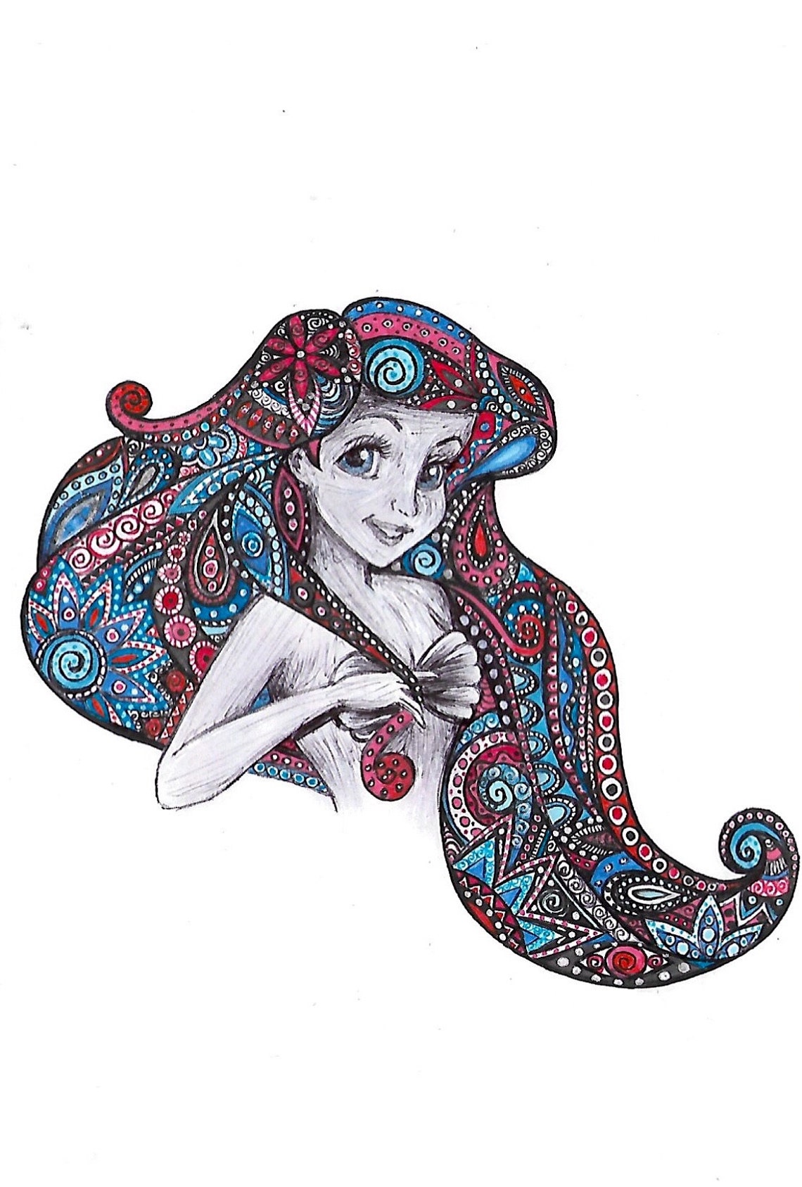 Disney Ariel hand drawn mandala portrait print | Etsy