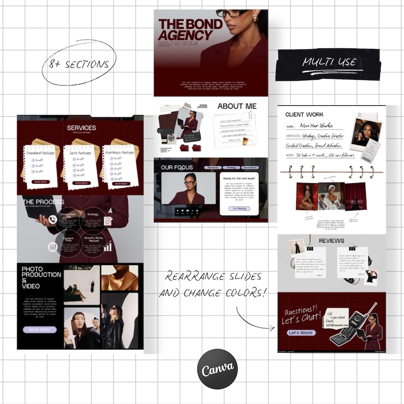 May include: A digital template for a website or social media presentation titled The Bond Agency, featuring sections for services, process, about me, client work, and reviews. The layout includes placeholders for photos, text, and buttons.