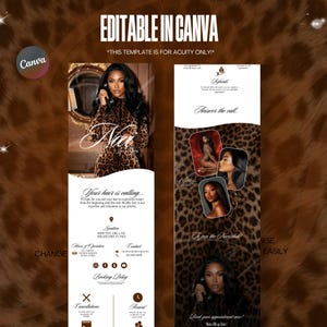 Puede incluir: Una plantilla de marketing vertical con un fondo de estampado de leopardo y el texto "EDITABLE IN CANVA". La plantilla incluye im&aacute;genes de una mujer, informaci&oacute;n de contacto y la frase "Your hair is calling..."
