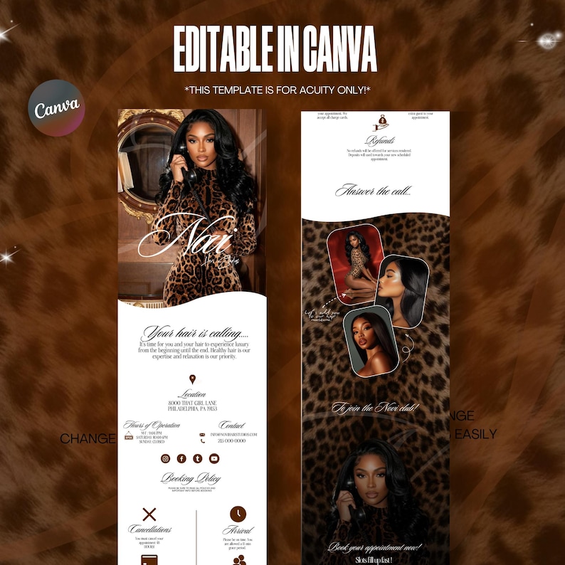 Puede incluir: Una plantilla de marketing vertical con un fondo de estampado de leopardo y el texto "EDITABLE IN CANVA". La plantilla incluye im&aacute;genes de una mujer, informaci&oacute;n de contacto y la frase "Your hair is calling..."