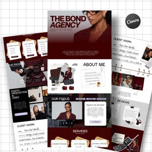 May include: A digital marketing agency media kit template featuring a dark red and white color scheme. The layout includes sections for services, client work, process, and about me, with placeholder text, icons, and images of a professional.