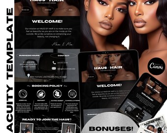 Puede incluir: Una plantilla de diseño gráfico en blanco y negro para una peluquería llamada "Haus of Hair". La plantilla incluye un mensaje de bienvenida, el horario de atención, la información de contacto, la política de reservas y una llamada a la acción para unirse al salón. La plantilla también incluye una sección de bonificación con banners adicionales y publicaciones en redes sociales.