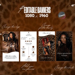 Puede incluir: Cuatro banners editables con fondo de estampado de leopardo. Los banners incluyen texto como "Change the logo", "Change photos easily" y "Book your appointment now!". El logotipo de Canva es visible. Las dimensiones son 1080 x 1960.