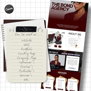 May include: A digital marketing template for The Bond Agency featuring a maroon color scheme, grid background, and a notepad overlay with handwritten text listing uses like Website, UGC, Portfolio, Landing Page, Campaign Page, and more.