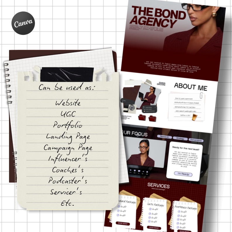 May include: A digital marketing template for The Bond Agency featuring a maroon color scheme, grid background, and a notepad overlay with handwritten text listing uses like Website, UGC, Portfolio, Landing Page, Campaign Page, and more.