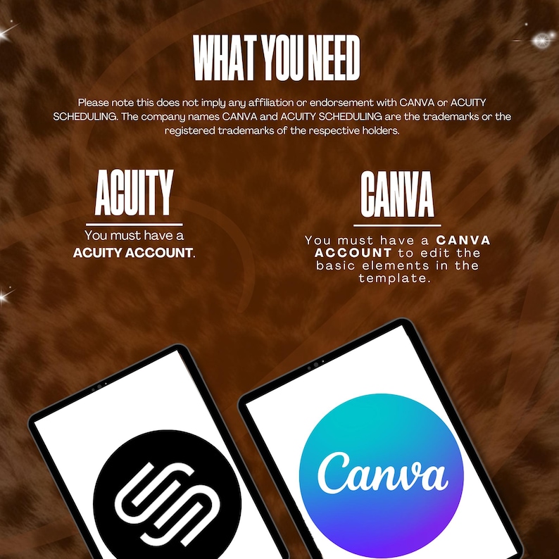 Puede incluir: Imagen con el texto "WHAT YOU NEED" en la parte superior. Debajo, enumera "ACUITY" y "CANVA" con instrucciones para tener una cuenta para cada uno. Dos tabletas muestran los logotipos de cada plataforma, una con un dise&ntilde;o en blanco y negro y otra con un degradado azul y morado.