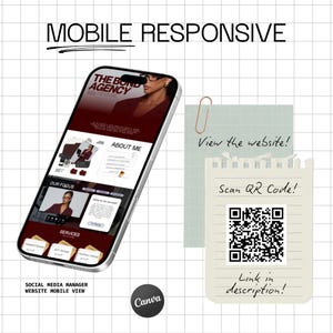 May include: A smartphone displaying a mobile website for The Bond Agency with a maroon color scheme. Next to it is a notepad with a paperclip, the text View the website!, Scan QR Code!, a QR code, and the text Link in description!. Text reads MOBILE RESPONSIVE.