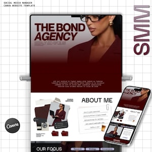 May include: A digital website template for a social media manager titled The Bond Agency. The design features a dark red color scheme, a photograph of a person in a blazer and glasses, placeholder text, an About Me section, and a mobile phone preview.