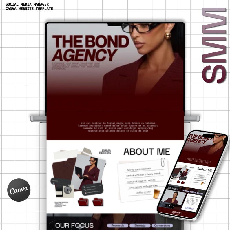 May include: A digital website template for a social media manager titled The Bond Agency. The design features a dark red color scheme, a photograph of a person in a blazer and glasses, placeholder text, an About Me section, and a mobile phone preview.