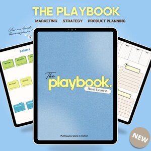 May include: A digital business planner titled "The Playbook" with a light blue background. The cover features the title in yellow and the tagline "Plan it. Execute it." Additional screens show folders and planning pages. The image includes the text "Marketing, Strategy, Product Planning."