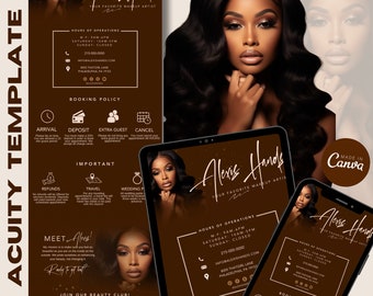 Puede incluir: Una plantilla de marketing digital marrón y dorada para una maquilladora llamada Alexis Hands. La plantilla presenta una foto de la maquilladora, su nombre comercial, información de contacto, horario de atención, política de reservas y una llamada a la acción para unirse a su club de belleza.