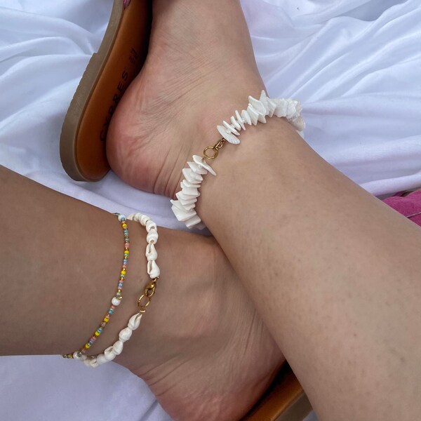 schelpenenkelbandje, shell anklet, beach anklet, beaded anklet, white shell anklet, geschenken voor haar,witte schelpen, stainless steel