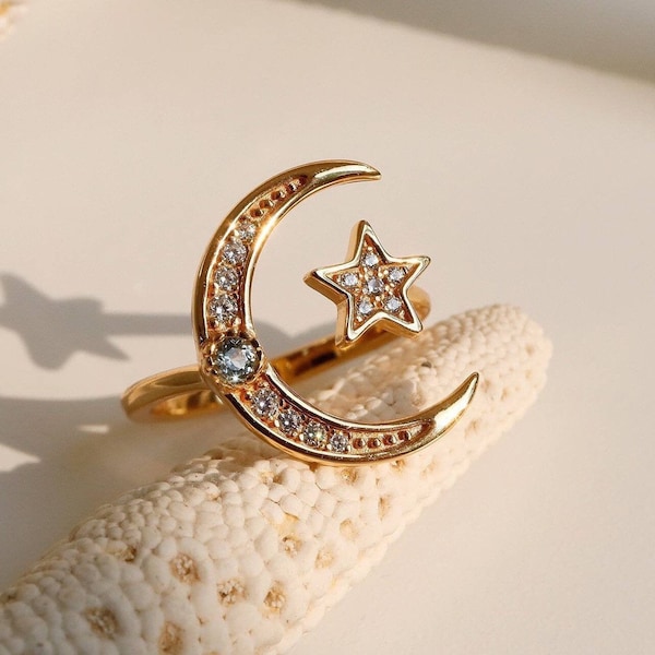 Anneau de sailormoon, anneau de lune et d’étoile, anneau de lune bleu de topaze, bijoux de lune de marin