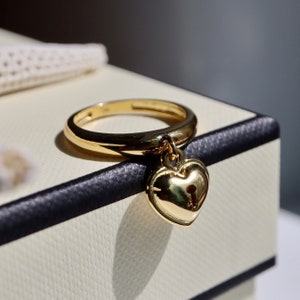 Heart Lock Ring, Love Lock Ring, Heart dangling Ring, Heart Ring, Key Ring, Cool rings, pinky ring gold