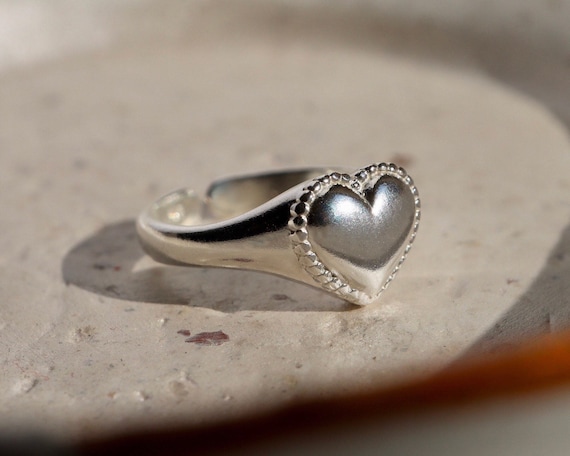 Pinky Ring Women, Signet Ring Silver, Heart Ring, Open Ring 
